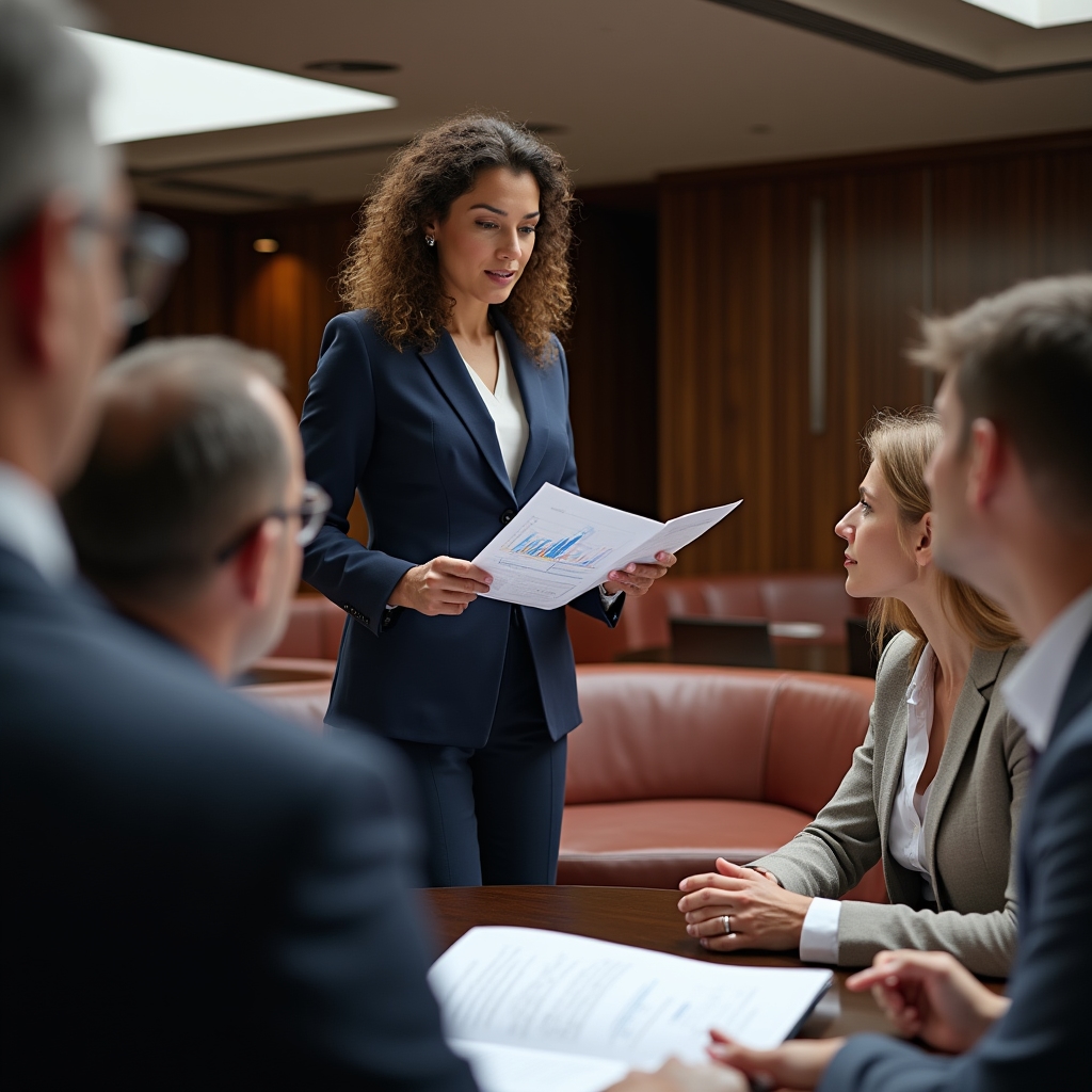 Consultora explicando un proceso de reporte a un equipo directivo
