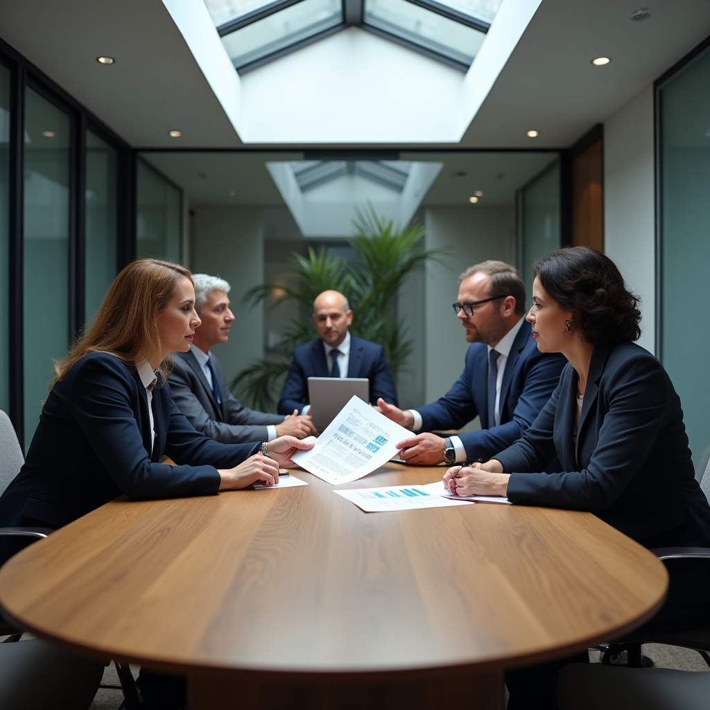 Directivos revisando indicadores durante una reunión de dirección
